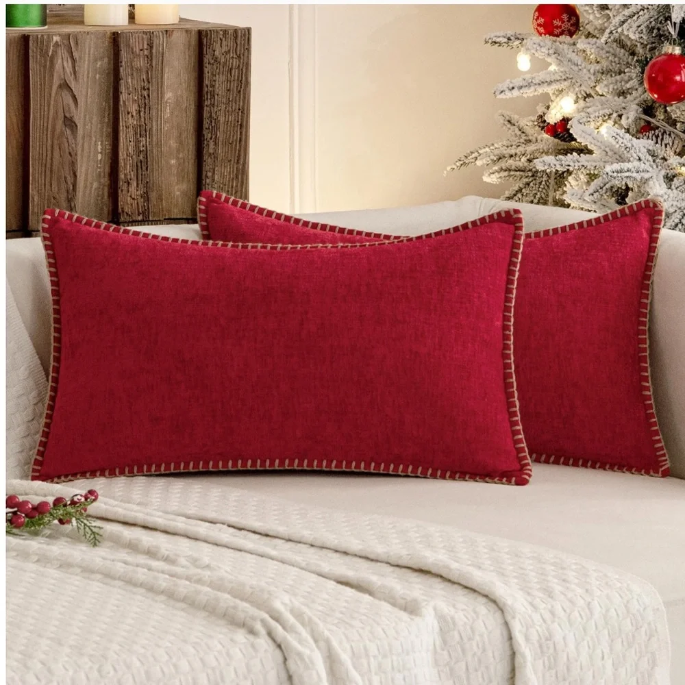 Red Soft Chenille Lumbar Throw Pillow Covers Rectangular 20x12” (2-pack)